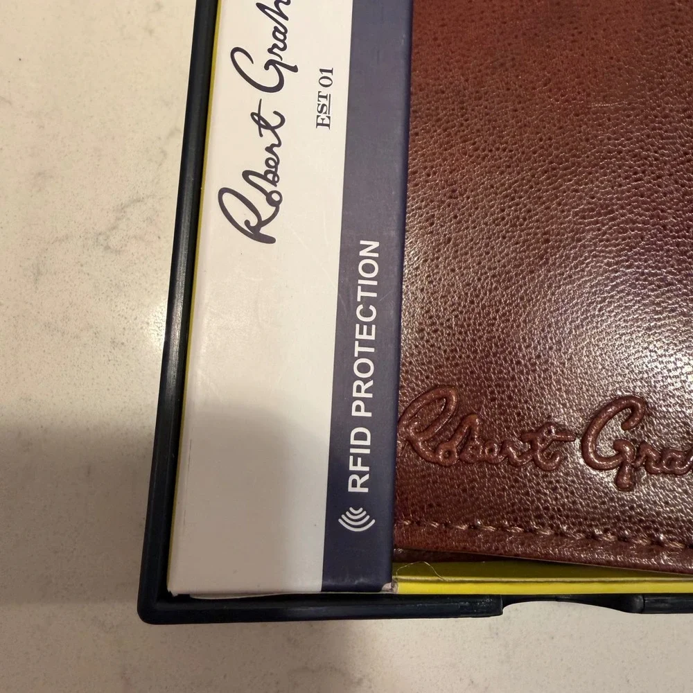 Robert Graham Mens NEW Genuine Leather Tri-Fold Wallet Brown RFID Blocking Boxed